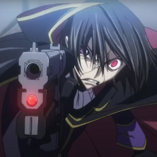 Lelouch holding a gun out and his eye is red