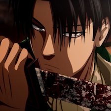 Levi with a sword full of blood in front of his face