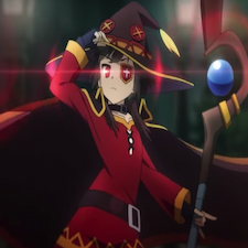 Megumin in maroon costume and black with hat casting a spell
