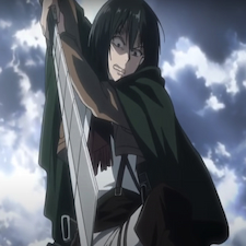 Mikasa holding her sword over an enemy