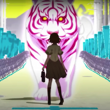Mono standing in front of pink and white tiger