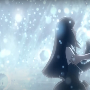 Hinata in snow holding onto Naruto