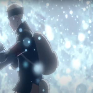 Naruto in snow holding onto Hinata