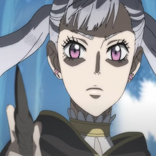Noelle with purple eyes holding up wand to an enemy