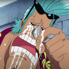 One Piece character crying hard with his shades on his head