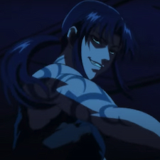 Revy smiling and with her tattoo showing