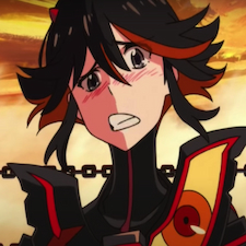 Ryuko looking confused in her black battle armor