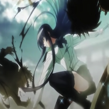 Saeko slashing at an enemy with hair blowing in wind