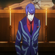 Shuu in a purple suit and a red shirt