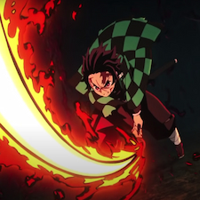 Tanjiro using fire technique and slashing through the air