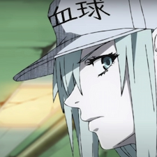 White blood cell in a hat looking at enemy