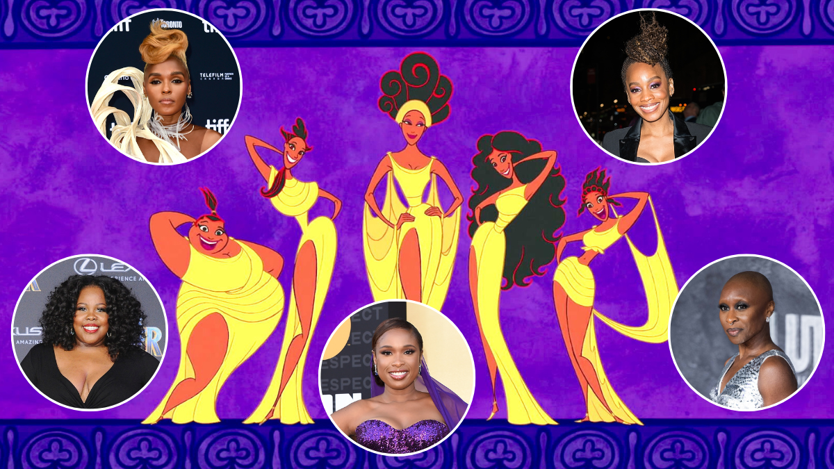 Amber Riley, Janelle Monae, Jennifer Hudson, Anika Noni Rose, and Cynthia Erivo next to the Muses in Disney's 'Hercules'