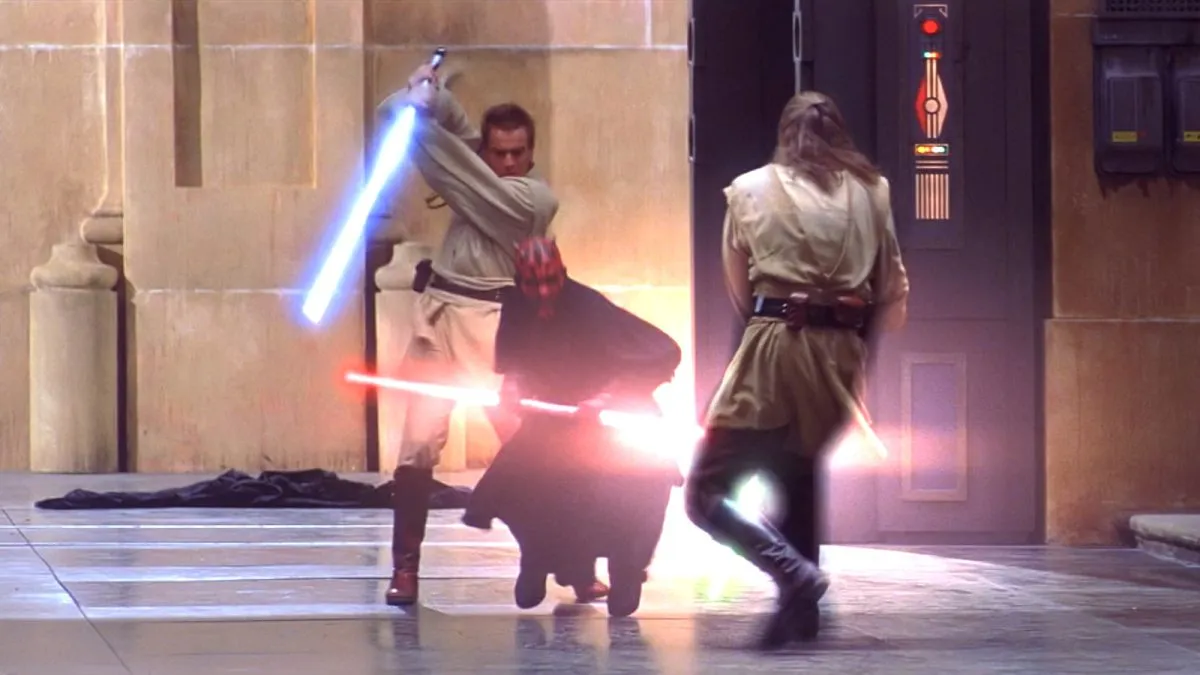 Obi-Wan and Qui-Gon fighting Darth Maul