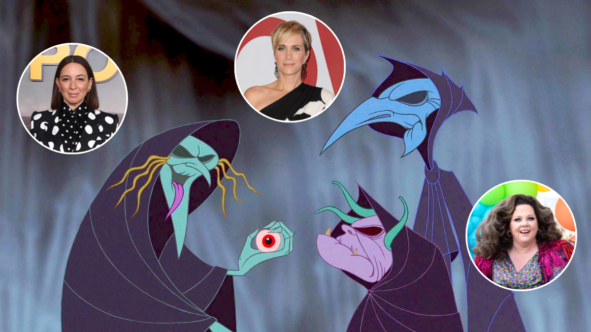 Maya Rudolph, Kristen Wiig, and Melissa McCarthy next to the Fates in Disney's 'Hercules'