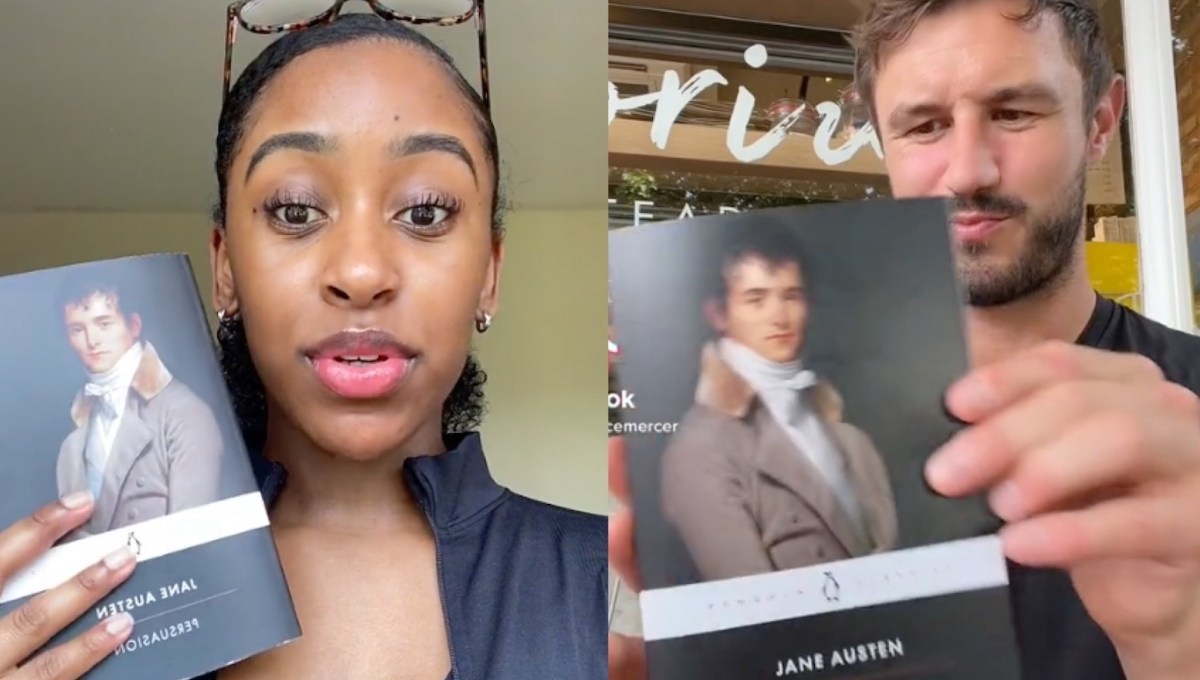 @edenreidreads and @bcemercer from TikTok holding up a copy of Persuasion by Jane Austen