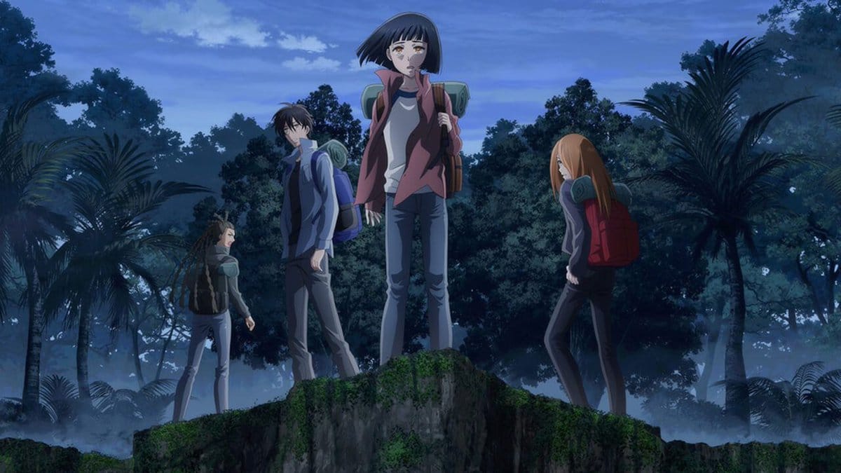 Characters from the Japanese manga, 7 Seeds, stand together with their backpacks. 
