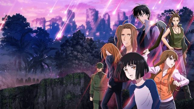 Characters from 7 Seeds stand in front of a series of mountains.