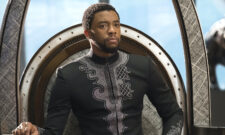 Chadwick Boseman sitting on the Wakanda throne as King T'Challa in 'Black Panther'