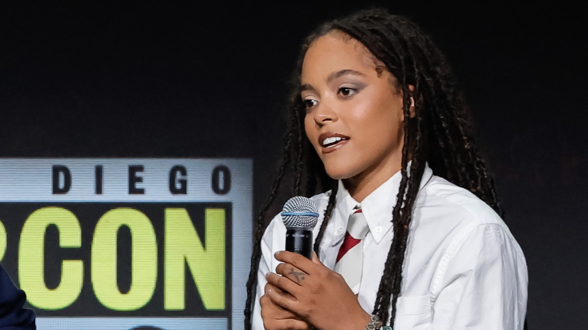 Quintessa Swindell speak onstage at the Warner Bros. theatrical session with "Black Adam" and "Shazam: Fury of the Gods" panel during 2022 Comic Con International: San Diego at San Diego Convention Center on July 23, 2022
