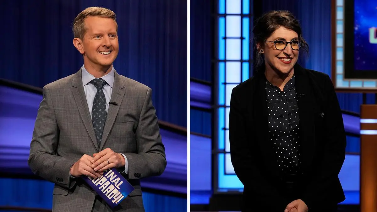 A split image of Ken Jennings on the left, and Mayim Bialik on the right
