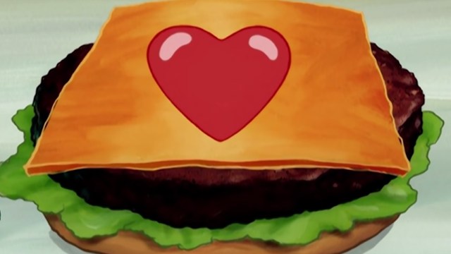 A Krabby Patty with cheese has a heart in the middle.