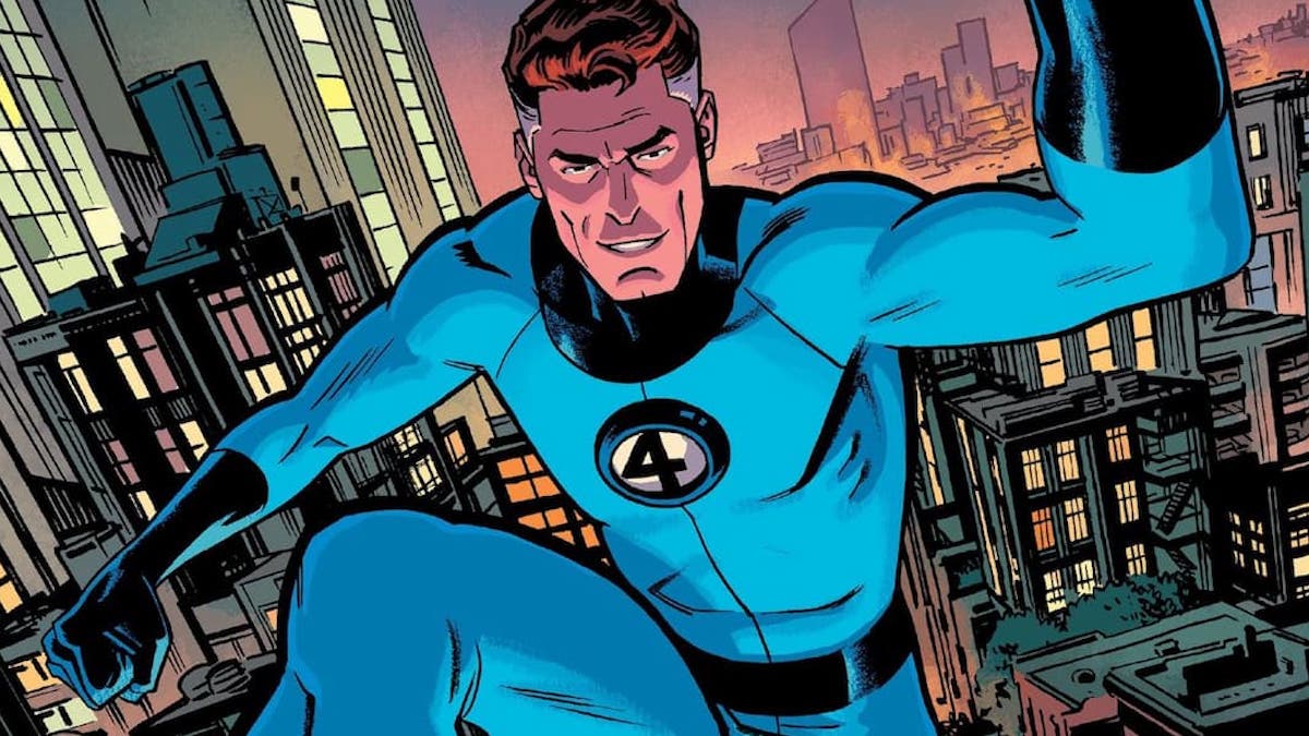 Mister Fantastic suited up with night city skyline as backdrop