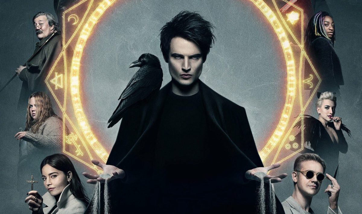 The official “Sandman” poster featuring the lead cast, with Tom Sturridge seated broodingly in the foreground