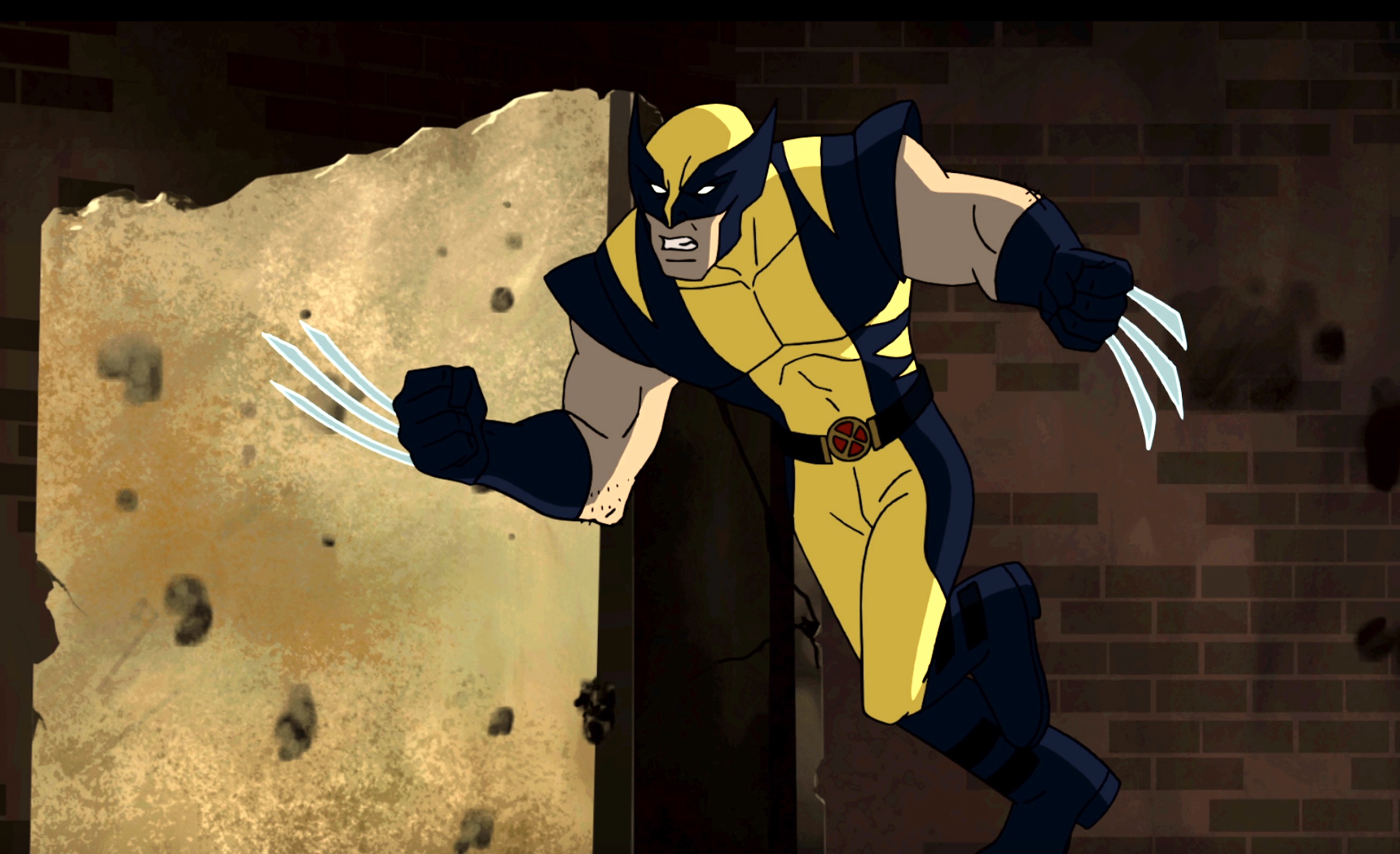 Wolverine is standing in front of brick wall.