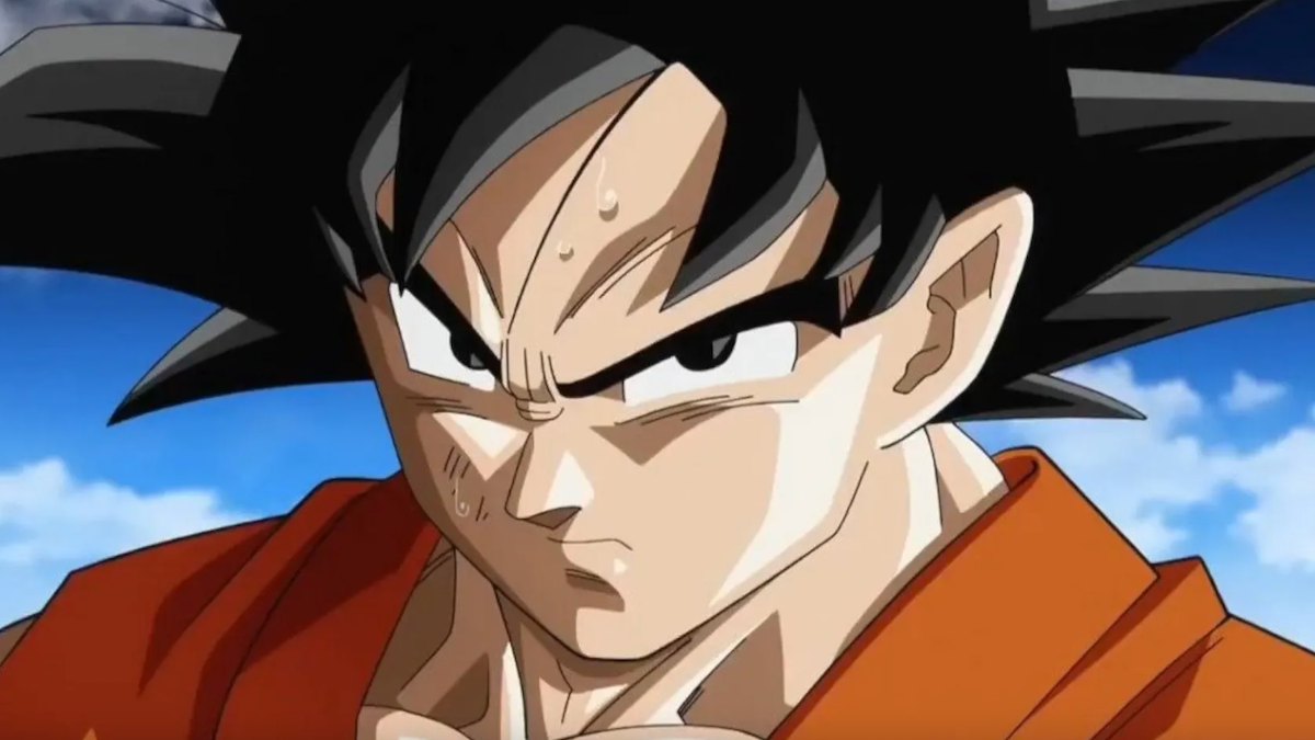 Goku is staring directly at the camera.
