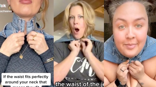 Screenshots of three TikTok users side by side, each wrapping a pair of jeans around their necks