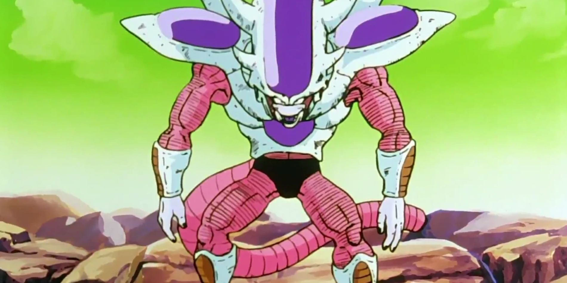 Frieza in his 3rd Form in front of a green sky.
