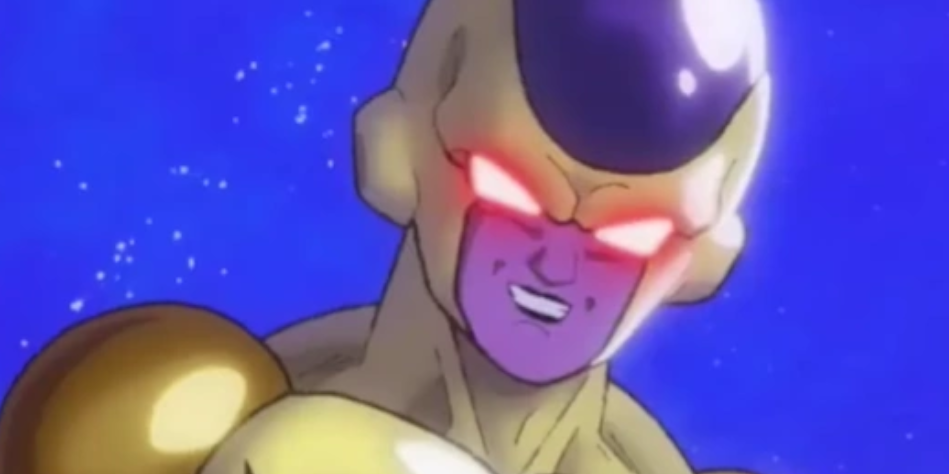 Frieza In his Xeno Golden Form is in front of a blue background.