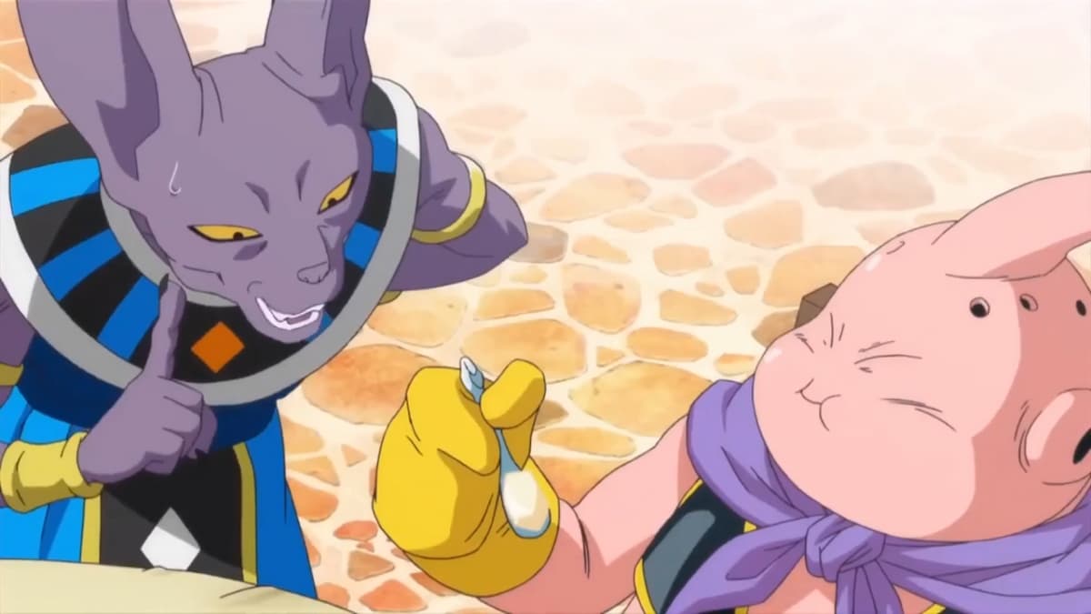 Buu and Beerus in 'Dragon Ball Z Battle of Gods' are talking to one another.