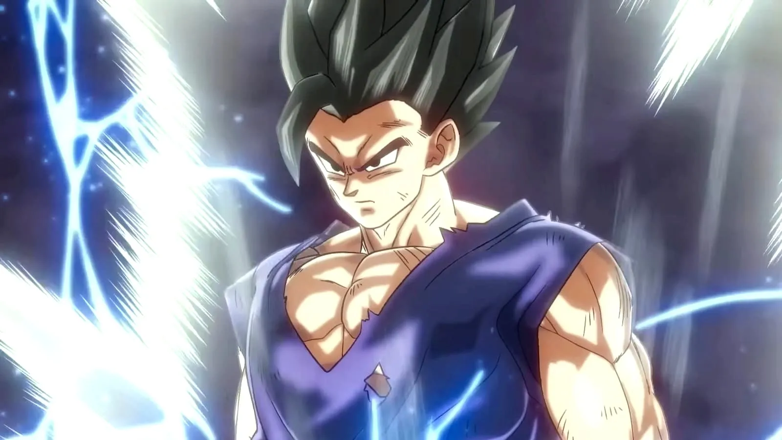 Gohan, in animated movie Dragon Ball Super Super Hero, Gohan is seen powering up as he looks off camera with a scowl on his face, and electricity coming off of his body.