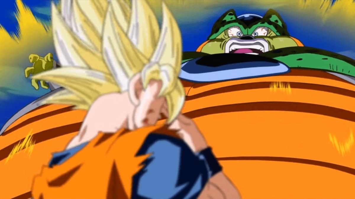 Self-Destruction Cell in 'Dragon Ball Ultimate Tenkaichi' is looking down at a character.