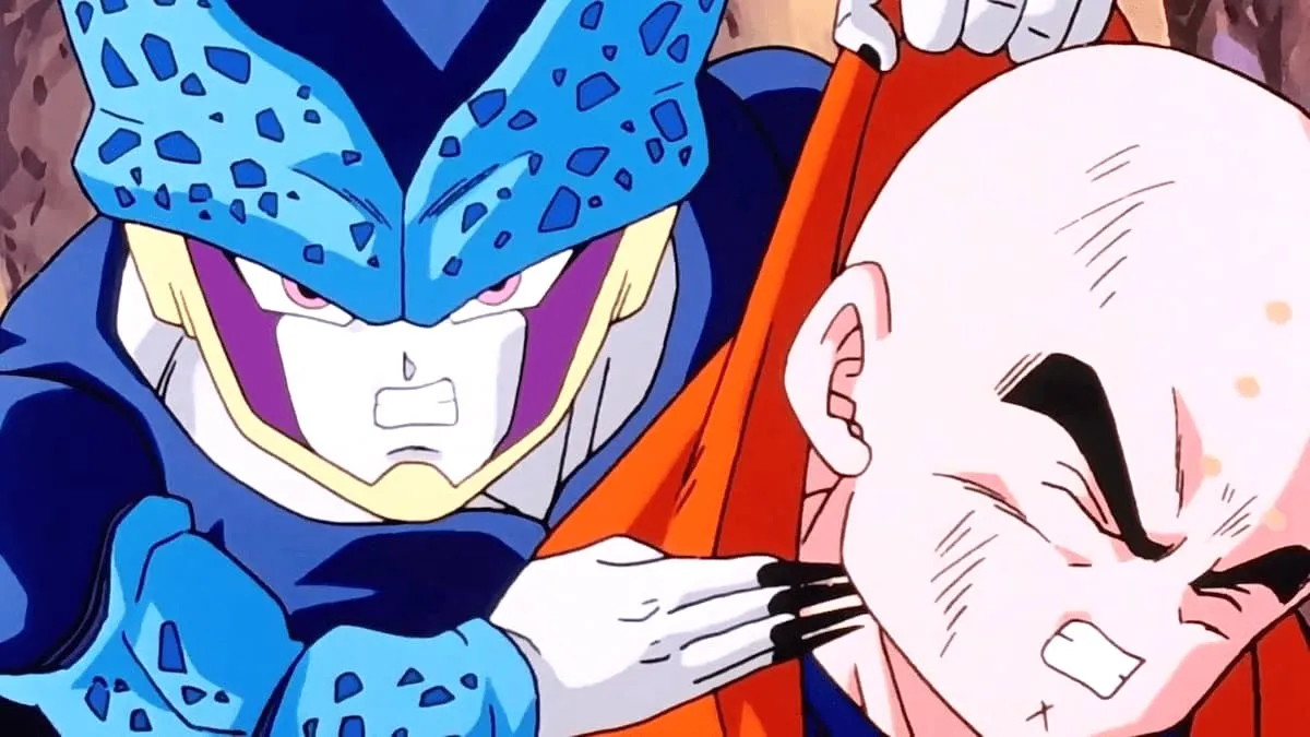 Cell Jr. and Krillin in 'Dragon Ball Z' are fighting.
