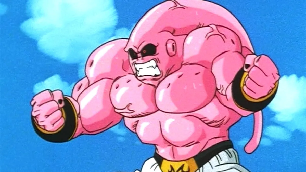 Huge Buu in 'Dragon Ball Z' has his fists clenched.