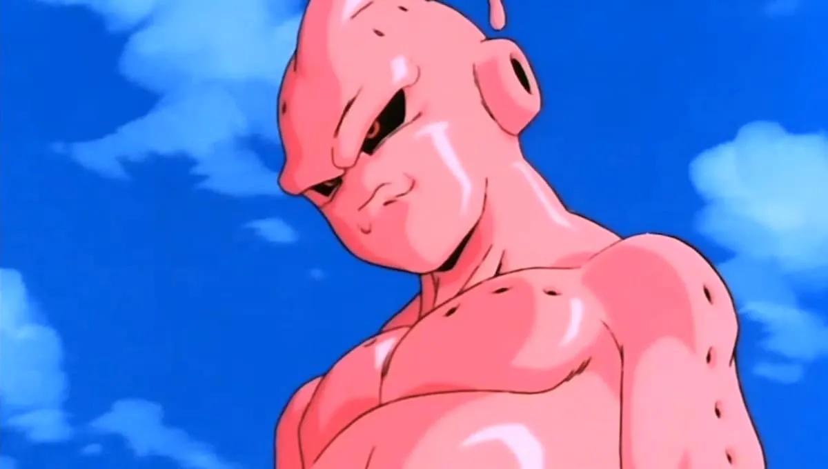 Kid Buu in 'Dragon Ball Z' is standing in front of a blue sky.