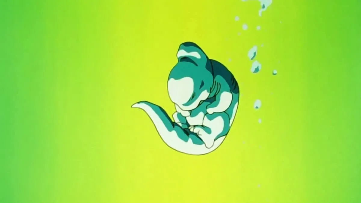 Larva Cell in 'Dragon Ball Z' is in front of a green background.