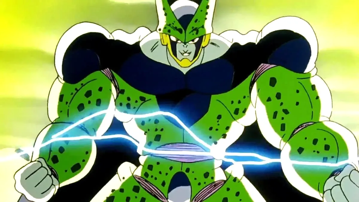 Power Weighted Cell in 'Dragon Ball Z' has his hands in fists.