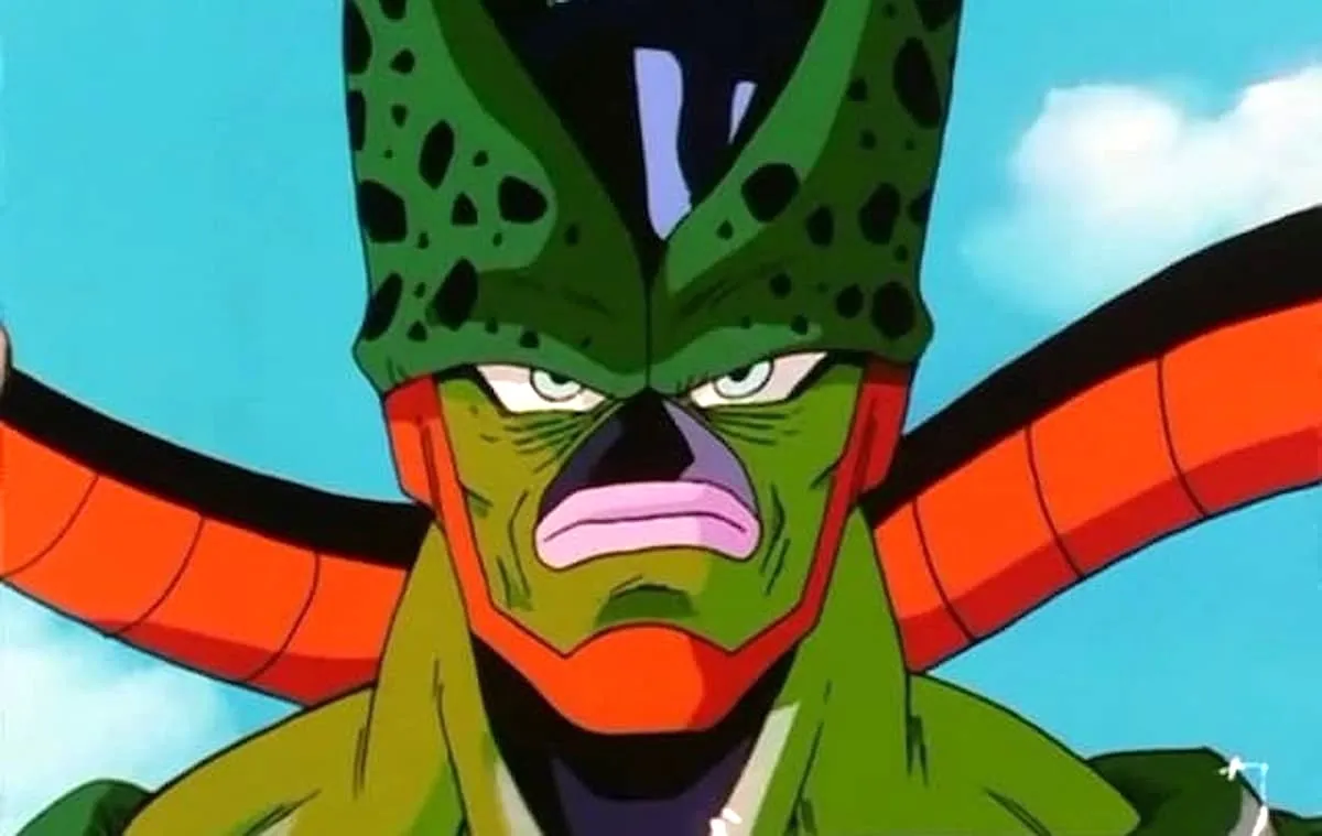 Semi-Perfect Cell in 'Dragon Ball Z' is standing in front of a blue sky and looking straight ahead.