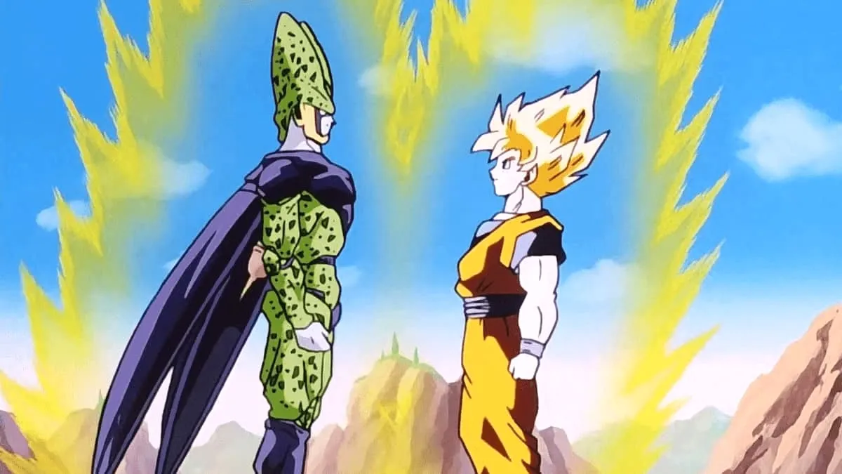 Super Saiyan Cell and Goku in 'Dragon Ball Z' are standing in front of each other.