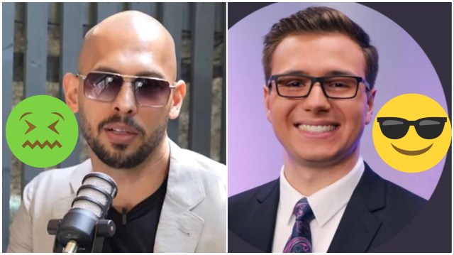 Side by side photos of the two Andrew Tates; the influencer accompanied by a grossed-out emoji, the weatherman accompanied by a smiling emoji in sunglasses
