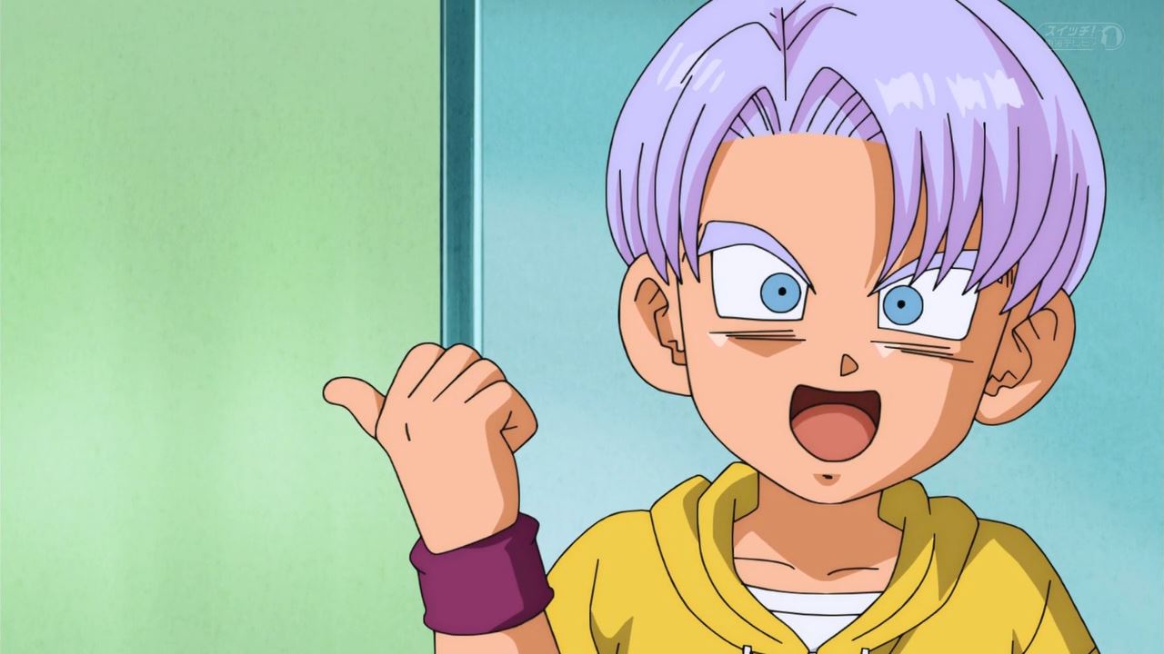 Trunks as a kid is pointing at something to the side of him.