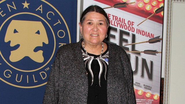Sacheen Littlefeather wears a black-and-white blazer for a Screen Actors Guild event.