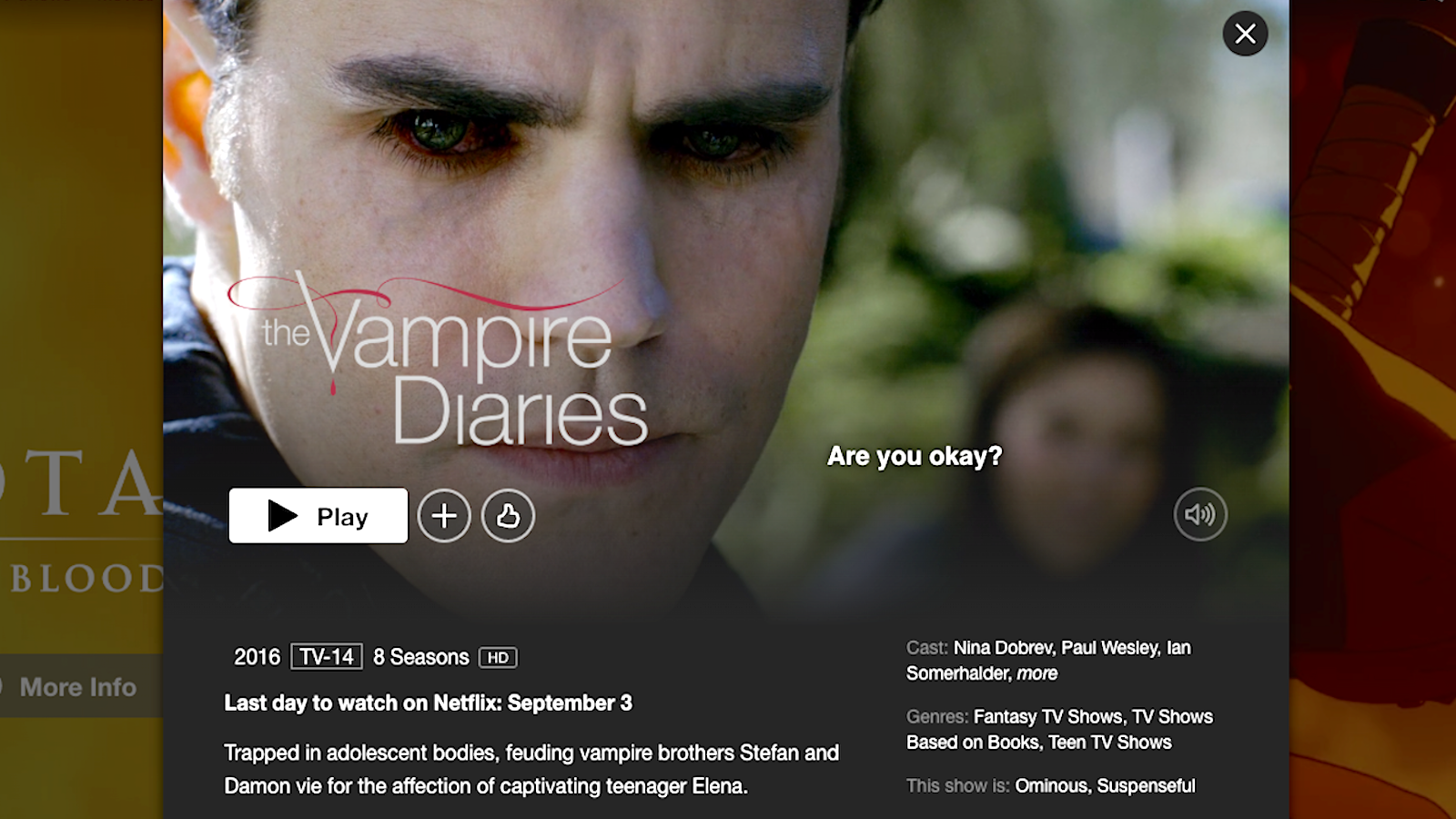 Screengrab of The Vampire Diaries homepage on Netflix