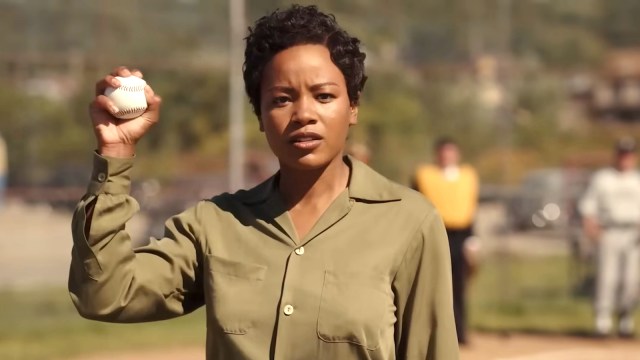 Chanté Adams as Max in A League of their own, catching a baseball with one hand