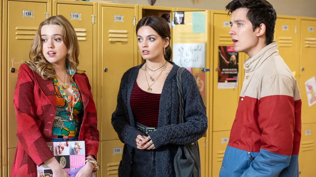 Asa Butterfield, Emma Mackey, and Aimee Lou Wood in Sex Education