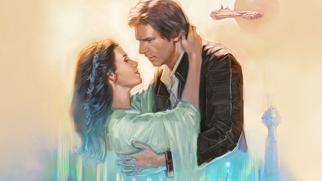 An illustration from the book shows Leia and Han Solo in a tender embrace