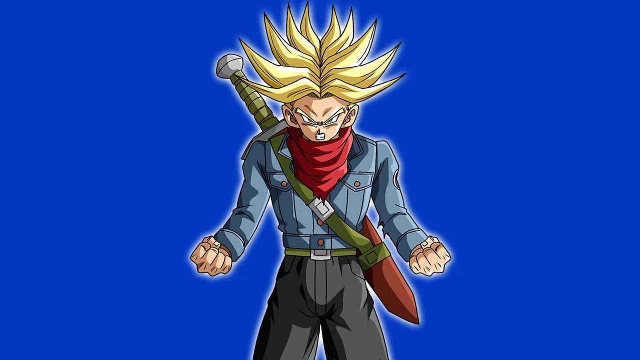 Future Trunks has his hands in fists and is in front of a blue background.
